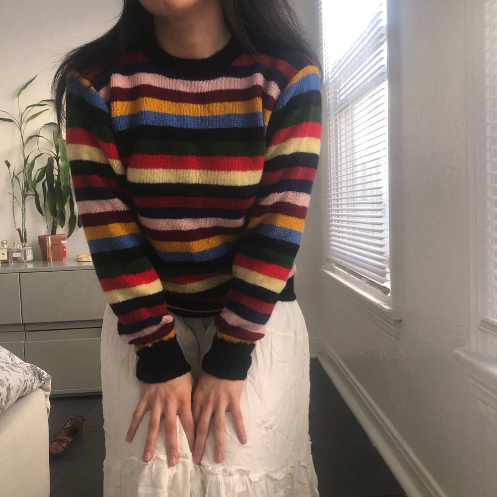 Rainbow Jamieson’s wool sweater, made in Shetland aisles Scotland